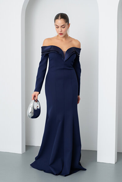 Lafaba Жіноче темно-синє плаття з довгим рукавом і човниковим коміром