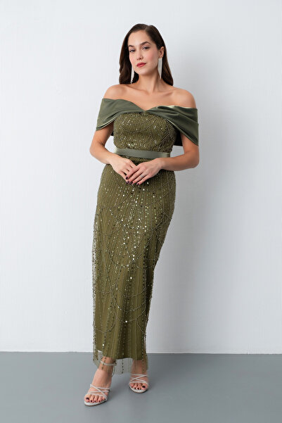 Lafaba Women's Khaki Boat Neck Midi Beaded Evening Dress