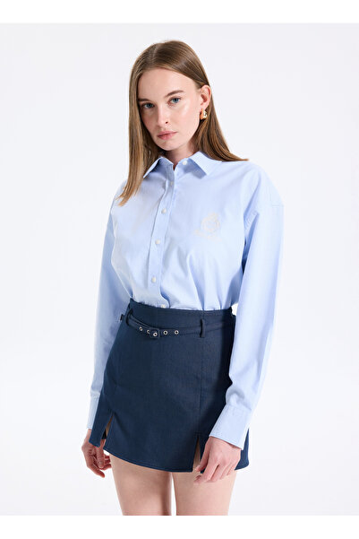 Guess Jeans Relaxed Gömlek Yaka Baskılı Mavi Kadın Gömlek Jeans Kadın Relaxed Fit Gömle
