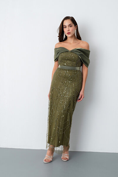 Lafaba Women's Khaki Boat Neck Midi Beaded Evening Dress