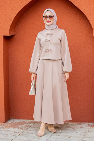 azram Set bluză și fustă pufy cu detalii fundă - Bej