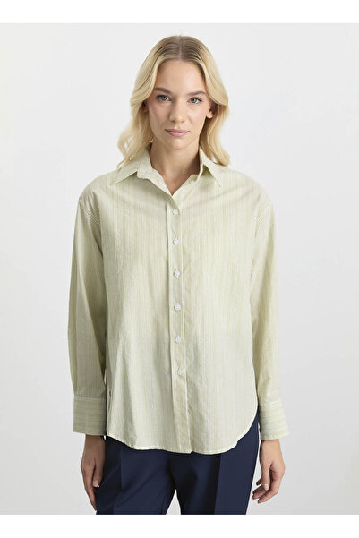 Selen Polo Yaka Çizgili Yeşil Kadın Bluz 25KSL8207