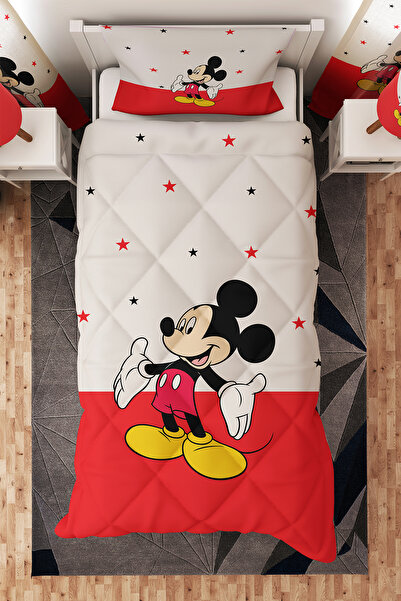 BelezaHome Kırmızı Beyaz Miki Mause Desenli Tek Kişilik Çocuk Yorganı Uyku Seti