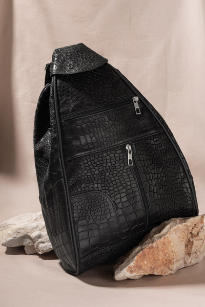 fubileather حقيبة ظهر موتشيلا من الجلد الطبيعي بطباعة جلد التمساح، حقيبة مع ح...