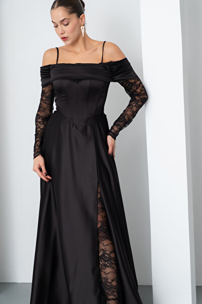 Lafaba Γυναικείο μαύρο δαντελένιο μακρύ σατέν βραδινό φόρεμα