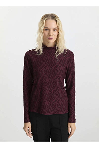 Selen Balıkçı Yaka Baskılı Bordo Kadın Bluz 25KSL8210