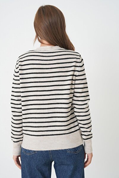 minaaise Women's Black Striped Knitwear Cardigan with Button Detail 30036