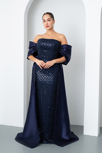 Lafaba Women's Navy Blue Strapless Beaded Satin Sweep Train Long Evening Dress