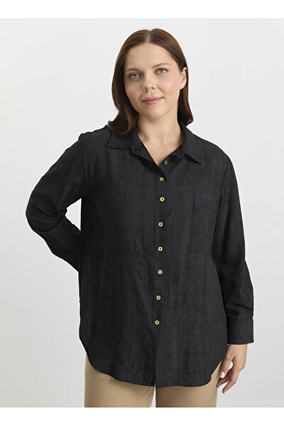 Selen Gömlek Yaka Desenli Siyah Kadın Bluz 25KSL8206