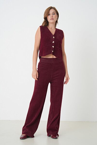 minaaise Women's Burgundy Plush Fabric Knitwear Pantalon 5245