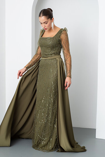 Lafaba Kadın Haki Uzun Kol Taşlı Saten Kuyruk Aksesuarlı Abiye