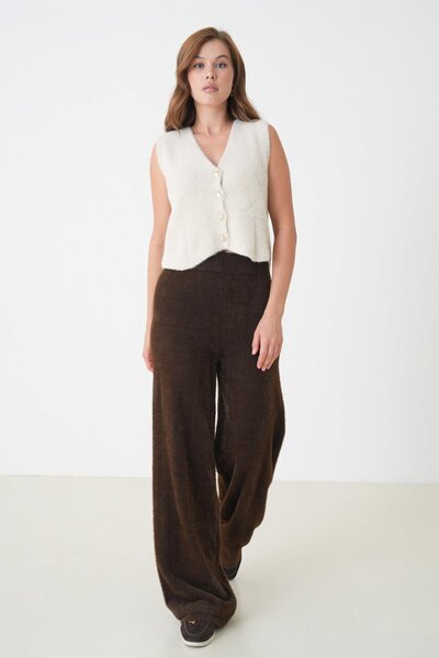 minaaise Women's Brown Plush Fabric Knitwear Pantalon 5245