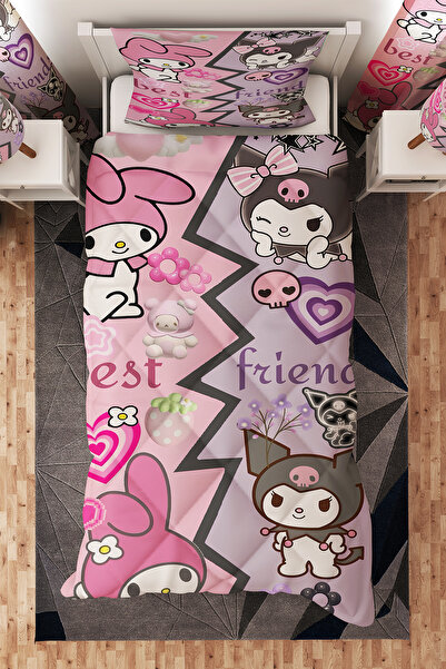 BelezaHome Pembe Mor Kuromi Desenli Tek Kişilik Çocuk Yorganı Uyku Seti