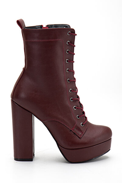 LİLLA Ayakkabı Kadın Platform Kalın Topuklu Bordo Bağcıklı Bot