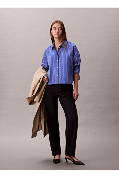 Calvin Klein Jeans Standart Gömlek Yaka Çizgili Mavi Kadın Gömlek LV047C118GXNS