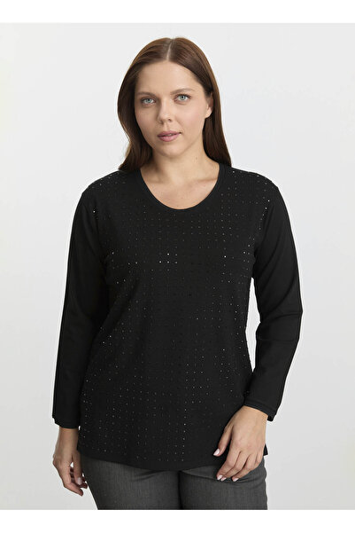 Selen Bisiklet Yaka Taşlı Siyah Kadın Bluz 25KSL8212