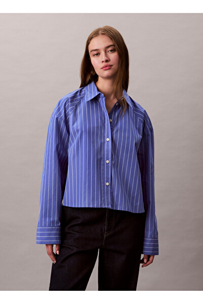 Calvin Klein Jeans Standart Gömlek Yaka Çizgili Mavi Kadın Gömlek LV047C118GXNS