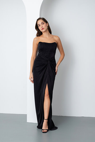 Lafaba Women's Black Strapless Glitter Knitted Evening Dress