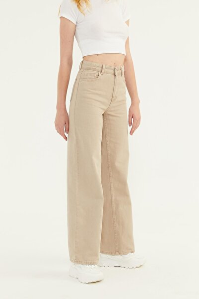 MAKRAS EXCLUSIVE A113539 Wide High Palazzo Jean Beige High Waist Boyfriend Loose Wide Leg Jeans