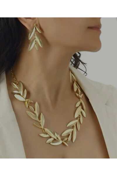 N&V AKSESUAR ZEYTİN DALI DESENLİ MAT VİNTAGE KOLYE KÜPE SET
