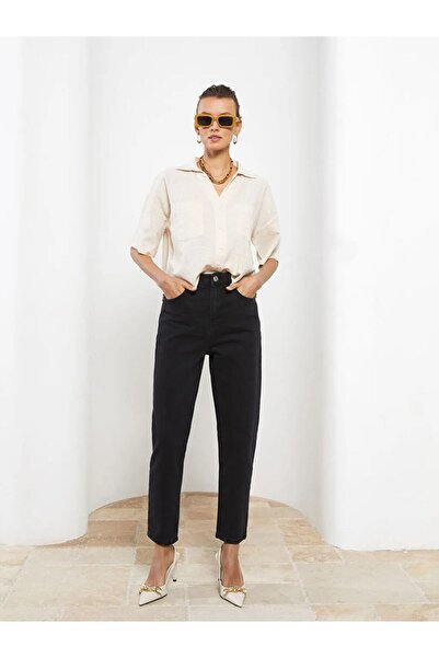 ByCukurovaFrango BY-3060 Ψηλόμεσο ελαφρύ Lycra Mom Fit Jean Μαύρο τζιν παντελ...