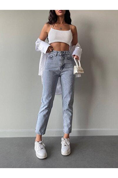 MAKRAS EXCLUSIVE A159377 Light Blue Mom Jean High Waist Jeans Skinny Leg Denim Pants