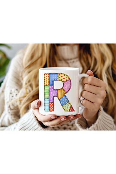 Beramussa كوب بتصميم حرف R مع رقع ملونة - كوب بنمط بوهيمي - هدية عرقية