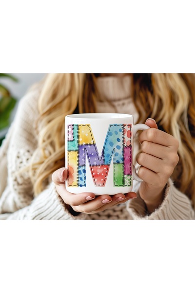 Beramussa Letter m Colorful Patchwork Design Mug - Bohemian Patchwork Pattern...