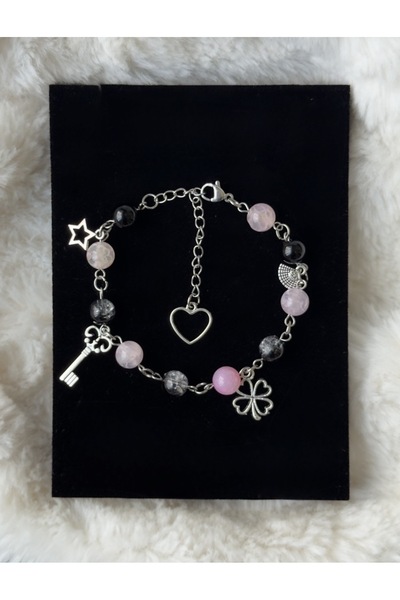 WhimsyWhite Stainless Steel Bracelet with Pink Agate Natural Stone Charm