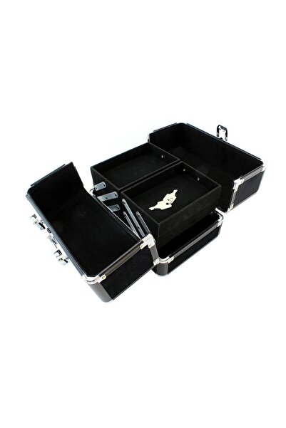 Bogadini Trusa cosmetice din aluminiu neagra, profesionala, cu 4 compartimente glisante, 25x17x17 cm