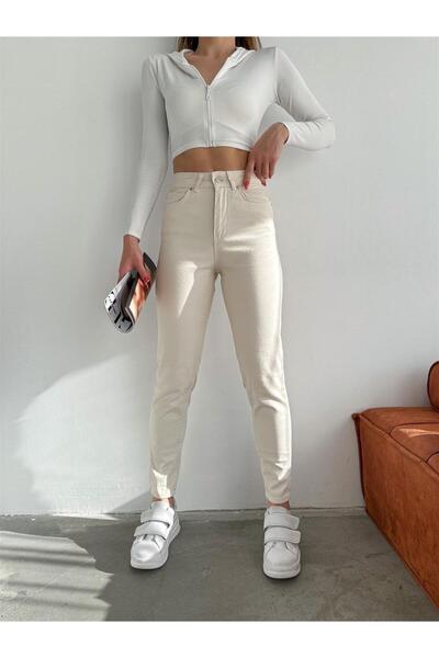 MAKRAS EXCLUSIVE A175612 Women's Straight Mom Jeans Cream High Waist Jeans Slim Fit