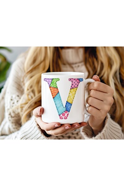 Beramussa Letter V Colorful Patchwork Design Mug - Bohemian Patchwork Patterned Mug - Ethnic Gift