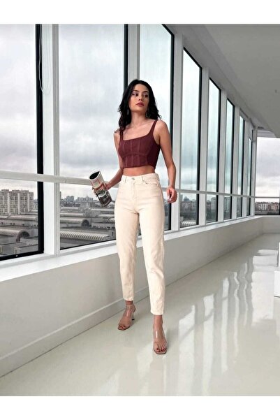 MAKRAS EXCLUSIVE A180969 Women's Stone Color Boyfriend Jeans