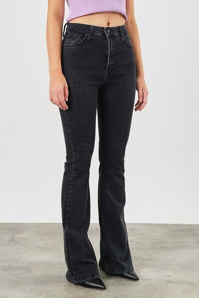 MAKRAS EXCLUSIVE A141786 Women's Anthracite Grey Flare High Waist Spanish Leg Jeans