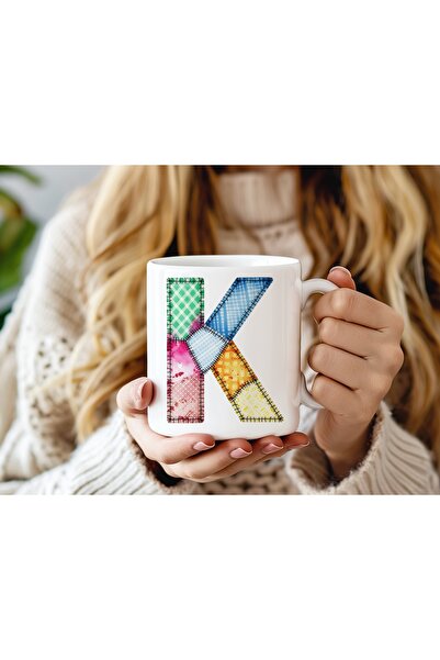 Beramussa كوب بتصميم حرف K مع رقع ملونة - كوب بنمط بوهيمي مرقع - هدية عرقية