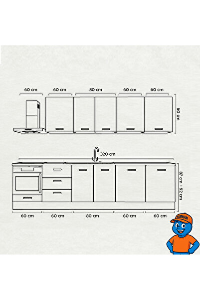 Yurkan 320 cm Mutfak Dolabı MDF Kapak Tezgah Dahil YRKN320 98
