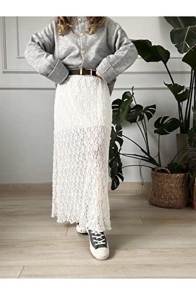 LUUN beyaz dantelli esnek kumaş maxi boy etek