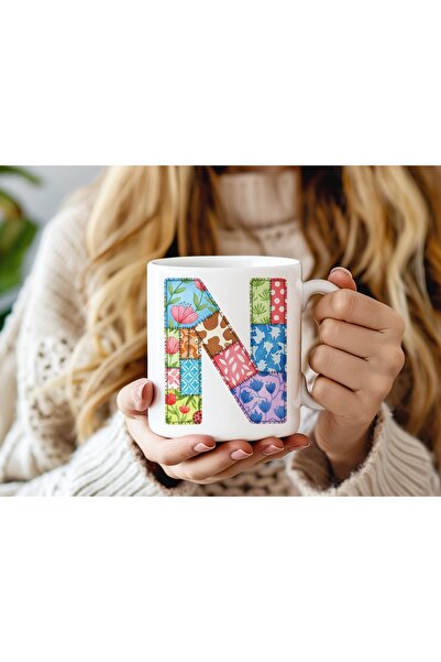Beramussa Letter N Colored Patchwork Design Mug - Bohemian Patchwork Patterne...
