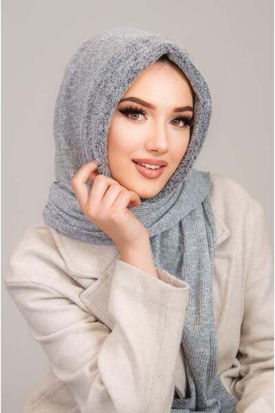 Aişe tesettür Gri Kürk Kapüşonlu Çıtçıtlı Şal