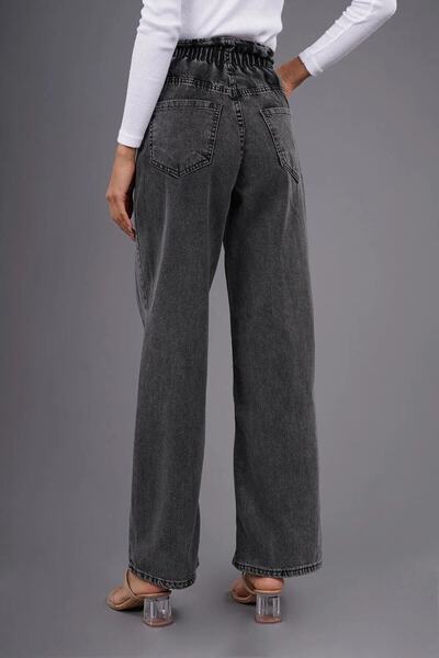 MAKRAS EXCLUSIVE A156003 Belted Gathered Lycra High Waist Loose Jeans Wide Leg Jeans Elastic Waist Boyfriend Jeans