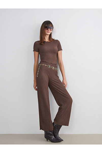 LC Waikiki Brown Textured Women's Trousers with Elastic Waist