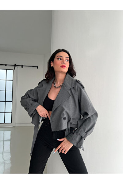 LOKADI Trench scurt reglan cu curea pentru femei