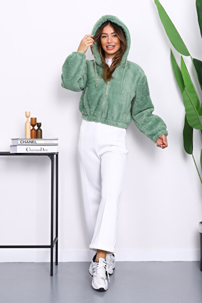 İmajButik Κοντό βελούδινο παλτό με κουκούλα μέντας