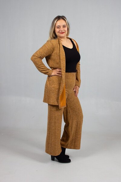 Truva XXL Cotton Wool Viscose Plus Size Pants Cardigan Set Mustard