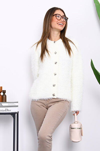 İmajButik Cardigan din tricot moale din angora cu nasturi crem și sclipici