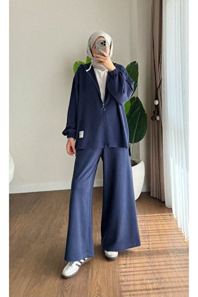 RFK Butik Women's Zipper Detailed Hooded Two-Piece Set - Navy Blue