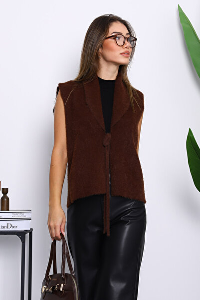 İmajButik Brown Front Tie Short Angora Soft Vest