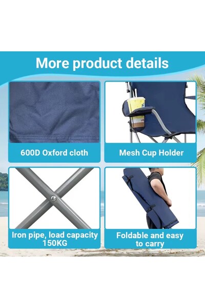 Generic Folding camping chair with canopy, full sun protection, side stand, cup holder, 127cm height, blue