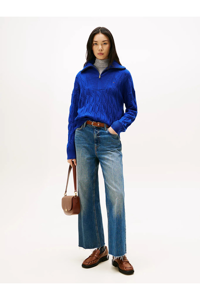 Tommy Hilfiger Soft Wool Hair Braided Half Zipper Long Sleeve Women's Blue Sweater Ww0Ww46425C65