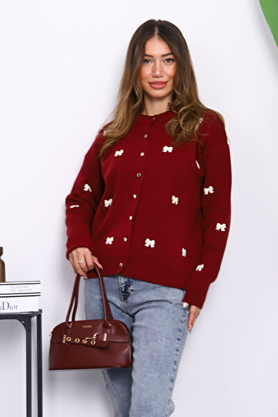 İmajButik كارديجان تريكو مطرز بفيونكة باللون العنابي